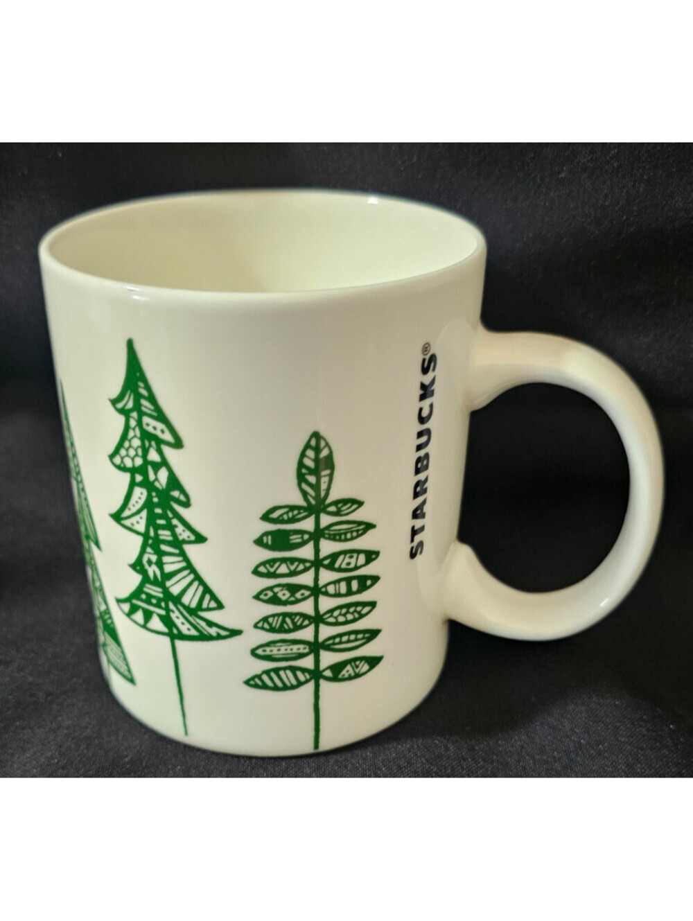 2015 Starbucks Coffee Mug Tea Cup White With Green Trees Christmas 12oz Holiday